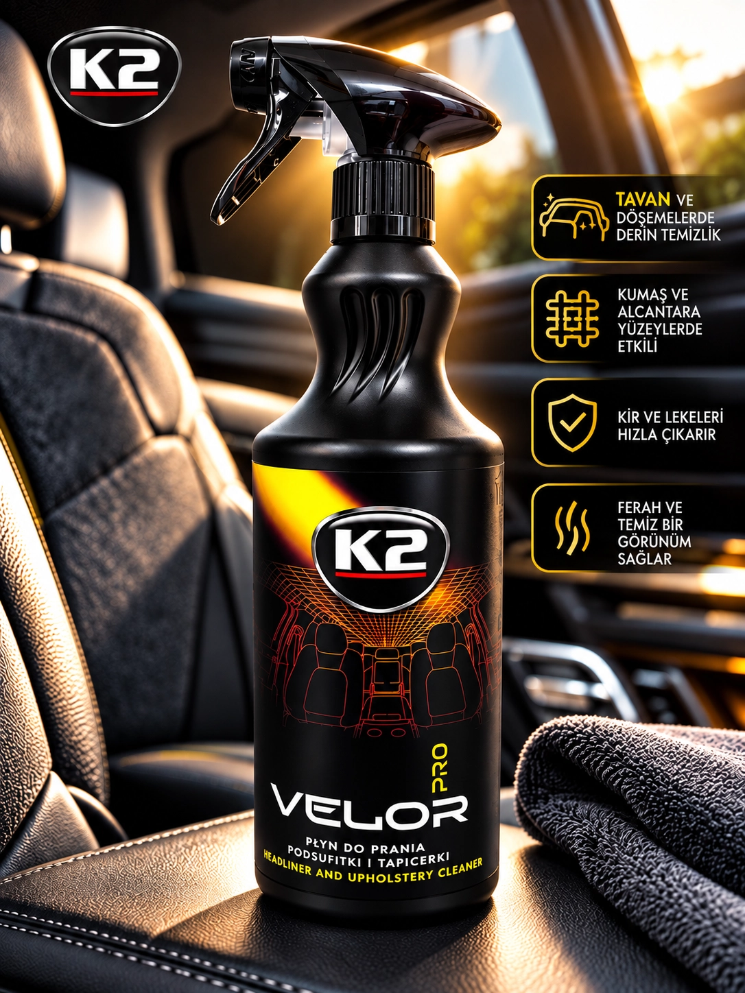 K2 Velor Pro Tavan ve Döşeme Temizleyici 1L – Profesyonel İç Mekan Temizlik Spreyi