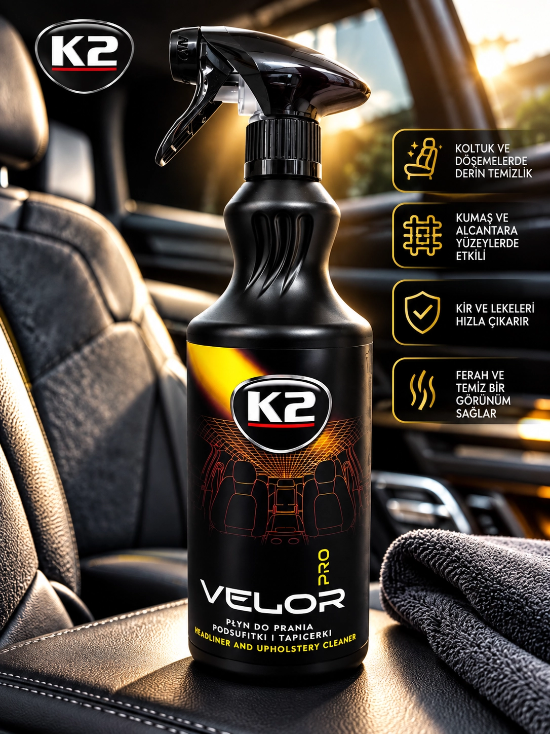 K2 Velor Pro Tavan ve Döşeme Temizleyici 1L – Profesyonel İç Mekan Temizlik Spreyi